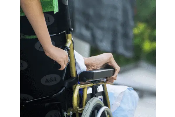 Elderly on a wheelchair with Headrest